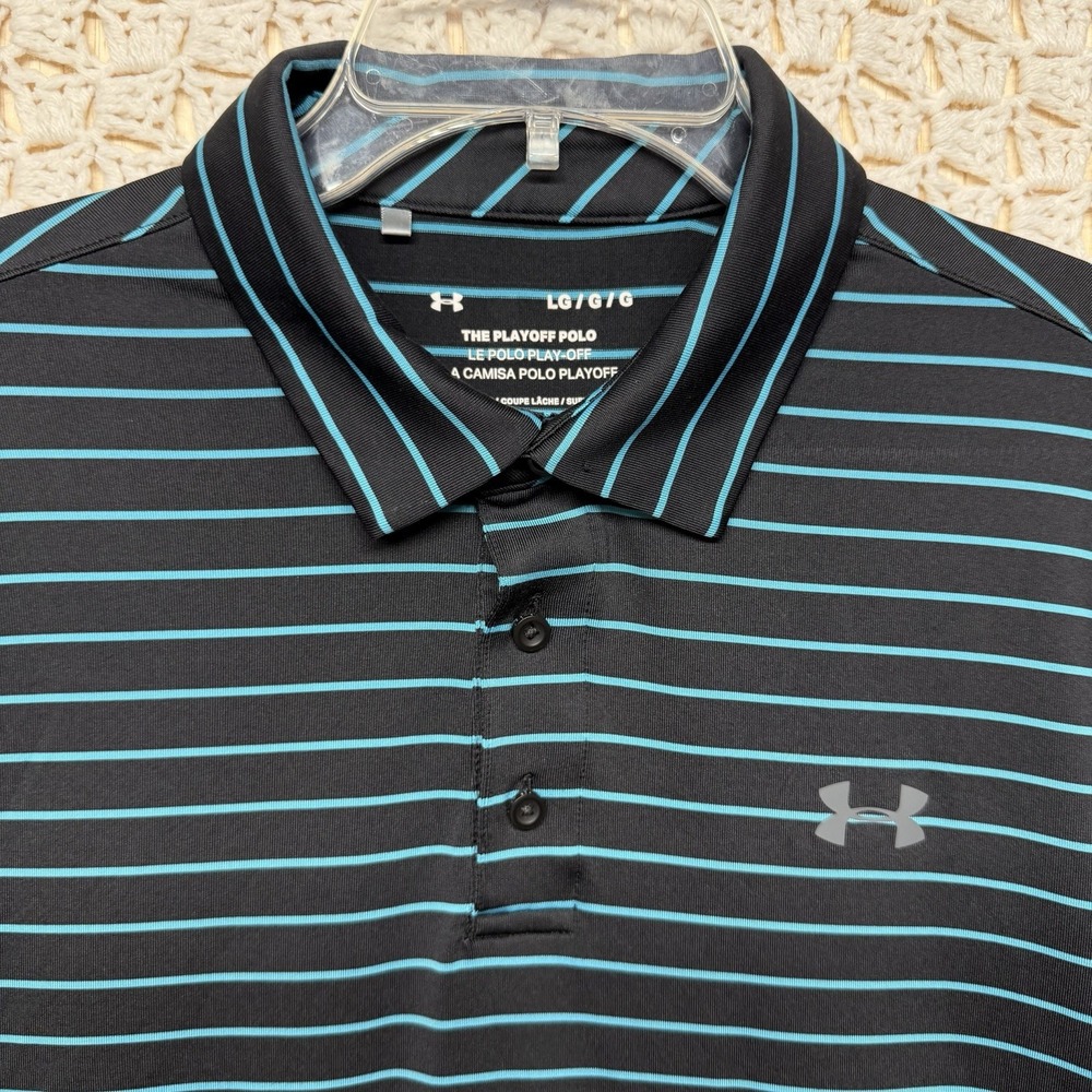 Under Armour The Playoff Polo Shirt Men L Black Blue Striped Loose Collar